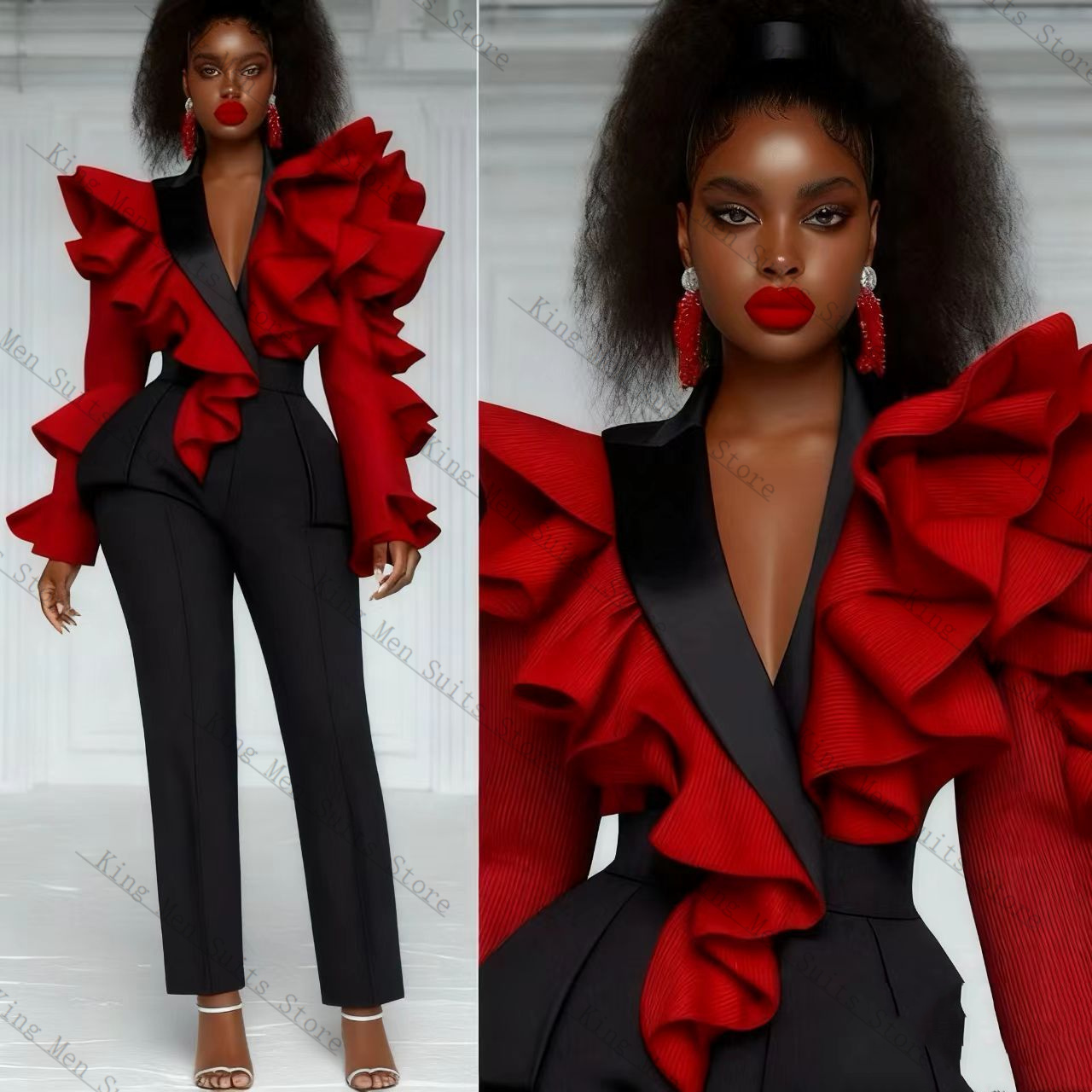 Women'S Formal Wear Tuxedo - Red Black Women Suit Set 2