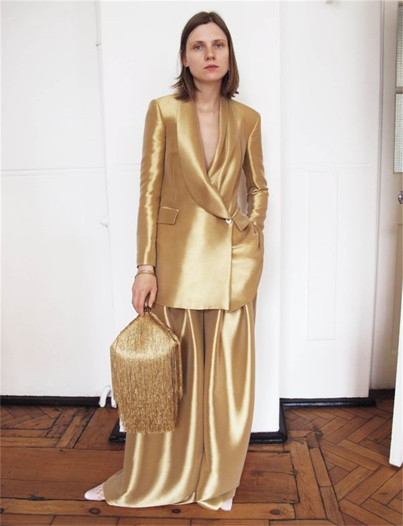 Women Formal Wear For Party - Gold Silk Satin Women Suits Office