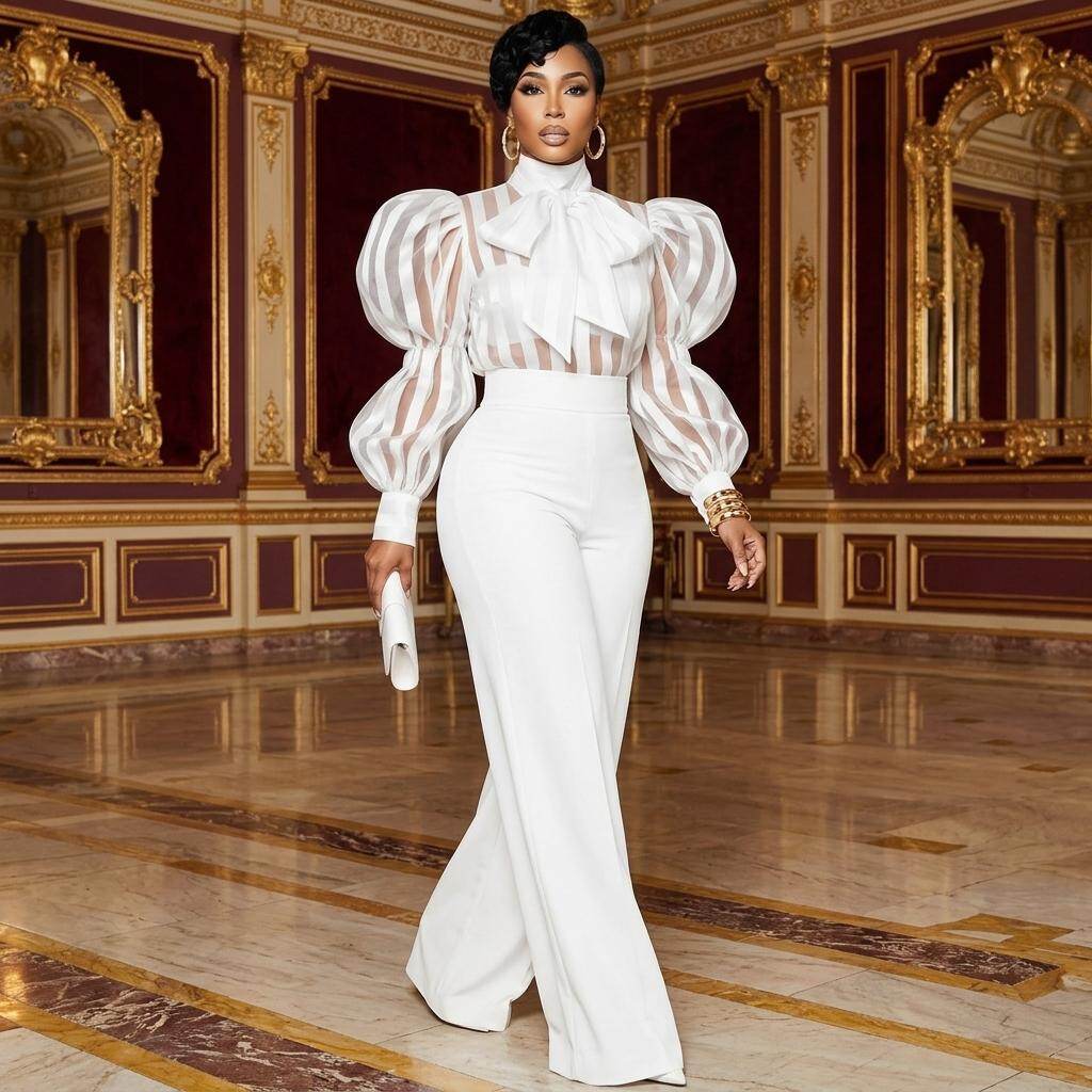 Women High Neck Bow Puff Long  - Women'S Formal Wear With Pants recension och pris